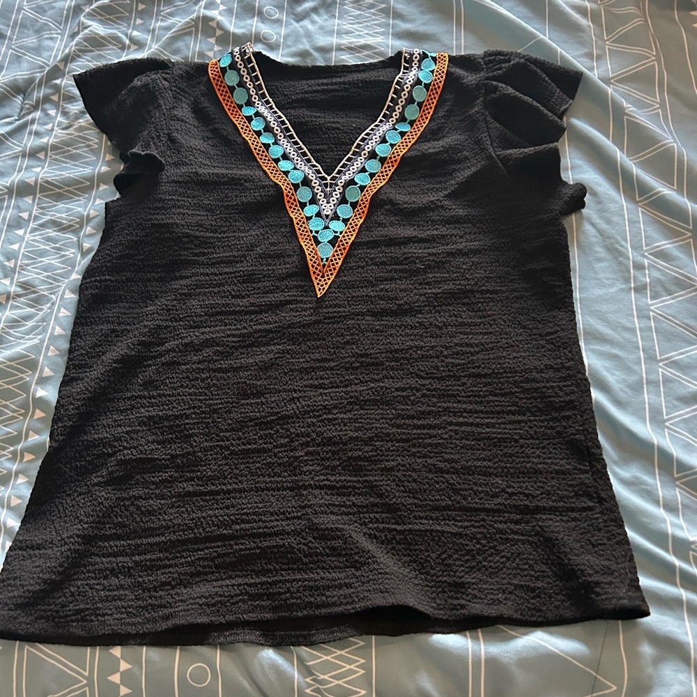 Black V-Neck Top with Colorful Accents